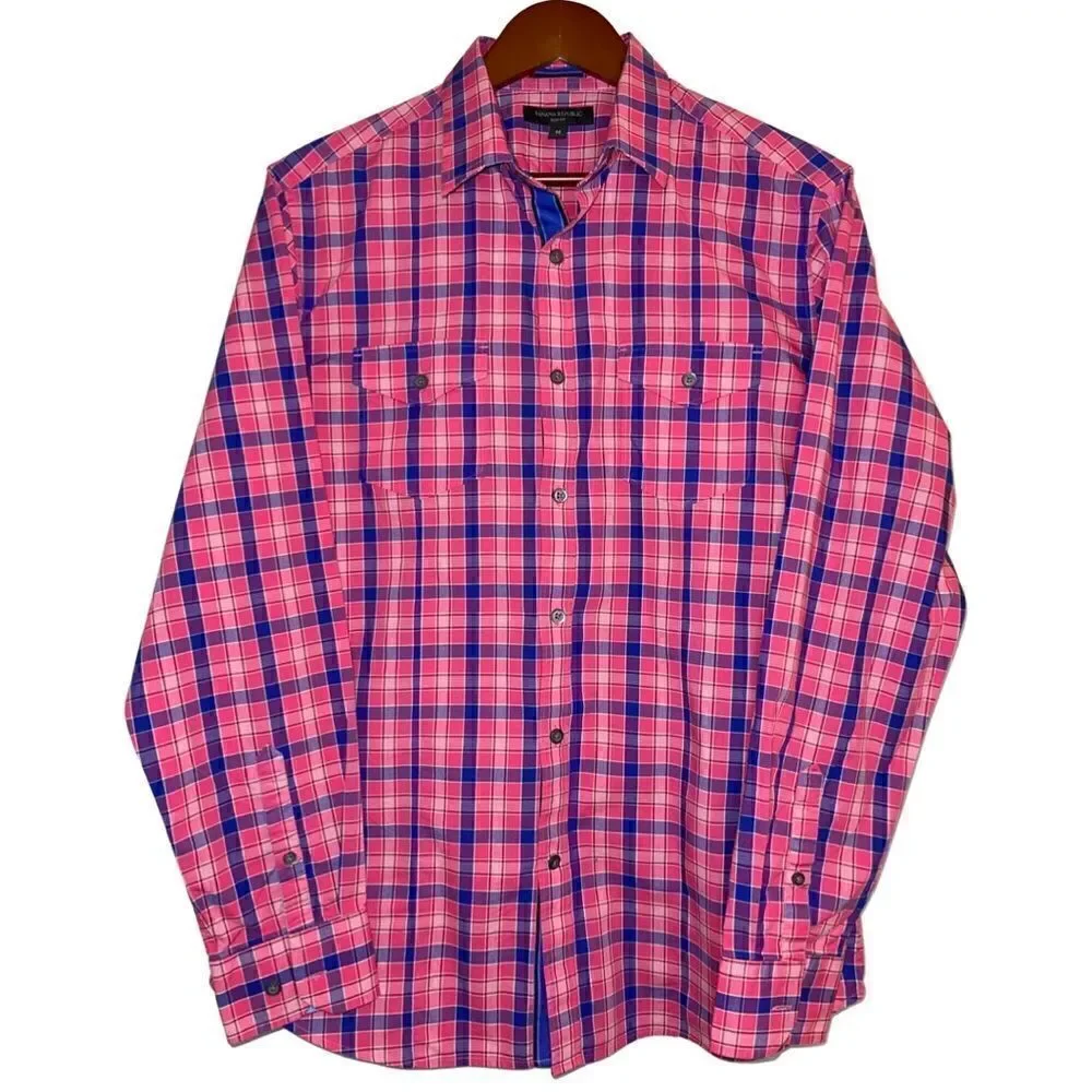 Banana Republic Men's Button Down Slim Fit Pink Plaid Long Sleeve Shirt Size M